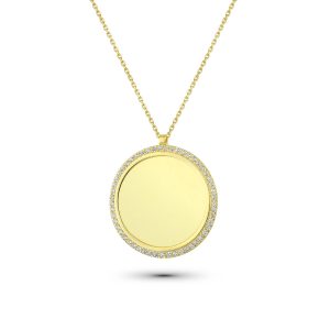 925er Sterling Silber Plättchenkette – Steinumrandung inkl. Wunschgravur-Gold