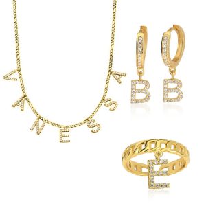 Set Namenskette, Zirkonia Ohrringe und Ring Silber